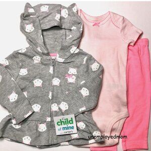 Girls Kitty Ear Hooded Cardigan Pant Set Outfit 3 pc Bodysuit Top Bottom 3/6M